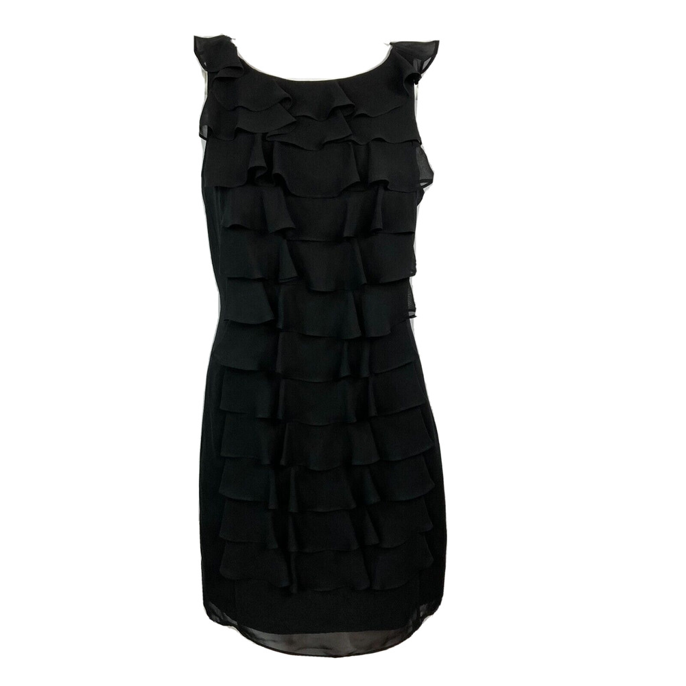 Adrianna Papell Dress Womens Sz 8 Black‎ Chiffon Ruffle Tiered Sleeveless Sheath